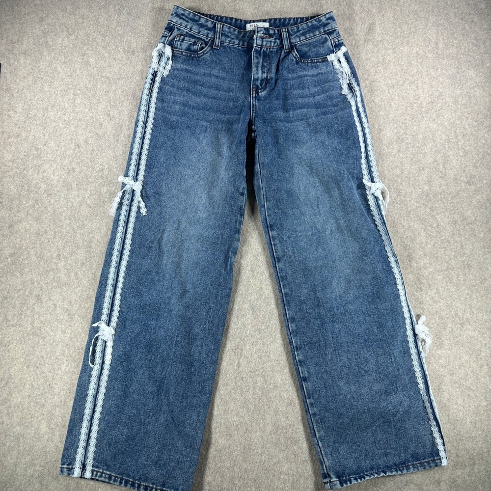 Y2K 1030 Tenthirty Womens Jeans Wide Leg Low Rise Lace Bow Denim Blue Size 0/24